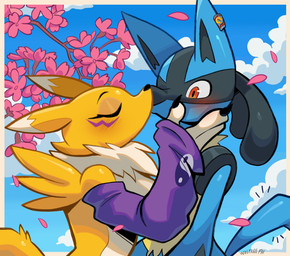 3_fingers anthro anthro_on_anthro arm_tuft armwear black_body black_claws black_fur black_nose blue_background blue_body blue_fur blush blush_lines boop breasts bridal_gauntlets cheek_grab cheek_tuft cherry_blossom claws clothing cloud countershade_torso countershading curvy_figure date duo ear_piercing eyebrows eyelashes eyeliner eyes_closed facial_tuft female female_anthro fingers flower fluffy fur gem hand_on_cheek hand_on_face interspecies kissing long_ears makeup male male/female male_anthro motion_lines neck_tuft nose_boop outside piercing pink_flower plant prunus_(flower) red_eyes rock romantic romantic_couple shocked shoulder_tuft simple_background size_difference sky standing stare surprised tail tail_motion tailwag tan_body tan_fur text tree tuft white_body white_countershading white_fur yin_yang wolfang_fh bandai_namco digimon nintendo pokemon canid digimon_(species) generation_4_pokemon lucario mammal pokemon_(species) renamon absurd_res artist_name colored crossover digital_drawing_(artwork) digital_media_(artwork) hi_res shaded