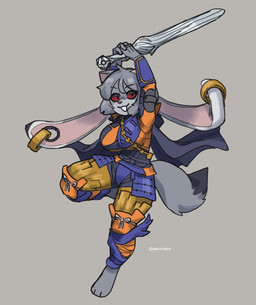 anthro armor cape clothing ear_piercing ear_ring female floppy_ears fur gold_(metal) gold_ear_ring grey_body grey_fur grey_hair hair long_tail looking_at_viewer lop_ears melee_weapon piercing red_sclera ring_piercing solo sword tail weapon murninatair bungie destiny_(series) destiny_2 jund_(smugjund) canid canine canis hybrid lagomorph leporid mammal rabbit wolf hi_res