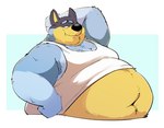 anthro belly big_belly black_body black_fur black_nose blue_body blue_eyebrows blue_fur chubby_cheeks clothing eyebrows fat_arms fur huge_belly male moobs navel overweight shirt simple_background smile solo tank_top topwear yellow_body yellow_fur tubbypubby bluey_(series) bandit_heeler canid canine canis domestic_dog mammal