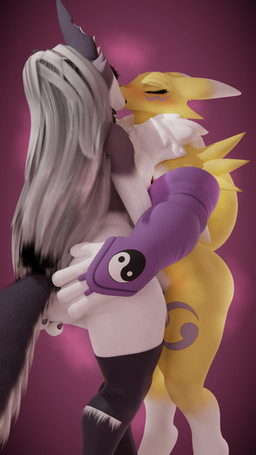 anthro blush breasts butt butt_grab clothing collar curling_tail duo eyes_closed female female/female fingerless_gloves fur gloves grey_hair hair hand_on_back hand_on_butt hand_on_shoulder handwear knee_between_legs legwear making_out musk musk_cloud nipple_tape nipples pasties paws raised_leg simple_background spiked_collar spikes stockings tail tape white_body white_fur yellow_body yellow_fur teknotyk dogzeela_(modeler) bandai_namco digimon hellaverse helluva_boss mythology loona_(helluva_boss) renamon_(dogzeela) canid canid_demon canine demon digimon_(species) hellhound mammal mythological_canine mythological_creature renamon absurd_res hi_res