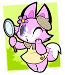 ambiguous_gender anthro blue_eyes clothed clothing detective dress flower fur magnifying_glass one_eye_closed pink_body pink_fur plant solo young young_anthro okojogairu disney duffy_and_friends linabell canid canine fox mammal