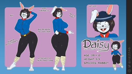 3_toes anthro bandage barefoot belt big_breasts big_butt black_hair bottomwear breasts butt chibi clothed clothing curvy_figure feet female fully_clothed hair hat headgear headwear leggings legwear looking_at_viewer no_pupils pants plantigrade rear_view simple_background solo standing text thick_thighs tight_clothing toes whiskers white_body wide_hips yoga_pants zipper yiezzas daisy_(mivies) lagomorph leporid mammal rabbit 16:9 2022 absurd_res english_text hi_res model_sheet widescreen