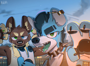 4_fingers anthro blue_sky claws collar detailed_background duo ear_piercing eyebrows fingers fur gesture green_tongue hand_gesture heterochromia looking_at_viewer male male/male multicolored_body multicolored_fur pawpads piercing sky smile spiked_collar spikes tongue v_sign ankorthewolf ankor_(ankorthehyena) theo_(ankorthehyena) gulonine hyena mammal marten mustelid musteline pine_marten absurd_res hi_res signature