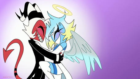 armwear back_wings blonde_hair blue_body blue_hair blue_skin blush clothing duo elbow_gloves eyelashes eyes_closed feathered_wings feathers female fingerless_gloves gloves grin hair halo handwear horn jacket legwear long_eyelashes long_tail male male/female red_body red_skin simple_background smile spade_tail tail thigh_highs topwear white_hair wings emositecc hellaverse helluva_boss millie_(helluva_boss) moxxie_(helluva_boss) angel angel_humanoid demon demon_humanoid humanoid imp 16:9 colored widescreen