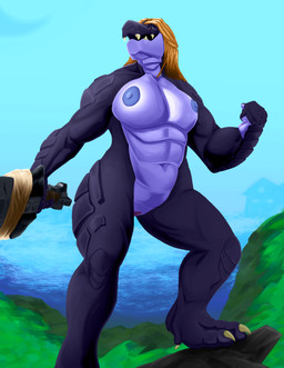 anthro breasts building claws dreadlocks eye_scar facial_scar female grass house melee_weapon muscular muscular_female nipples plant purple_body purple_scales scales scar sea solo sword water weapon ctrl-atl-replace7888 house_in_the_ocean luda_ivanov crocodile crocodilian reptile scalie absurd_res hi_res