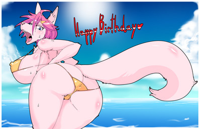anthro beach bent_over big_breasts big_butt big_tail bikini biped birthday blue_eyes blush bodily_fluids breasts butt clothing cloud curvy_figure female fluffy fluffy_tail fur hair heart_symbol huge_breasts huge_butt kemono looking_back open_mouth outside pink_body pink_fur pink_hair rear_view sea seaside sky solo standing sun sweat swimwear tail text two-piece_swimsuit voluptuous water kazuhiro canid canine canis mammal wolf english_text