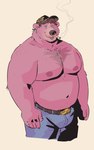 2023 anthro bear belly belt biceps big_belly bottomwear chest_tuft clothed clothing denim denim_bottomwear denim_clothing dramamine drugs facial_piercing hat headgear headwear hi_res jeans male mammal manly marijuana mature_male multicolored_eyes musclegut muscular navel nipples nose_piercing nose_ring pants pecs piercing rainbow_eyes ring_piercing simple_background slightly_chubby smoke smoking smoking_marijuana solo standing topless topless_male triceps tuft white_background