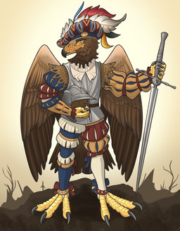 anthro armor claws headgear helmet landsknecht looking_at_viewer male melee_weapon outside smile solo standing sword weapon roawayart accipitrid accipitriform avian bird eagle golden_eagle true_eagle hi_res