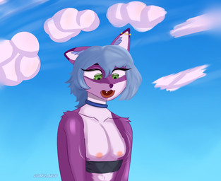anthro breasts female fur inner_ear_fluff nipples nude open_mouth outside public simple_background solo tuft loafy_arts comic digital_media_(artwork)