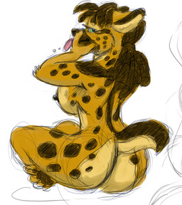 anthro biped breasts brown_nose butt cunnilingus_gesture dreadlocks female gesture green_eyes looking_at_viewer looking_back looking_back_at_viewer nipples nude rear_view side_boob simple_background sitting solo suggestive suggestive_gesture tongue tongue_out white_background wolfkidd hyena mammal spotted_hyena