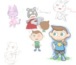 anthro bottomwear clothing group male shirt shorts simple_background sitting text topwear white_background tekimi animal_crossing nintendo curt_(animal_crossing) k.k._slider villager_(animal_crossing) bear canid canine canis domestic_cat domestic_dog felid feline felis human mammal 2011