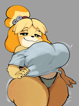 anthro bell big_breasts black_nose blonde_hair breasts camel_toe clothing female female_anthro front_view fur hair hands_on_hips huge_breasts jingle_bell short_stack smile smug solo thick_thighs thong underwear wide_hips yellow_body yellow_fur apsel_bluestar animal_crossing nintendo isabelle_(animal_crossing) canid canine canis domestic_dog mammal shih_tzu toy_dog 2025 digital_media_(artwork) hi_res portrait three-quarter_portrait