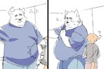 anthro belly big_belly blush bottomwear clothing duo eyes_closed kemono male overweight overweight_male pants shirt size_difference topwear inunoshippo canid canine canis domestic_dog mammal 2024 hi_res