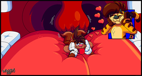 3_toes 4_fingers anthro big_tongue blush blush_lines cartoon_gloves cheek_bulge duo feet fingers heart_symbol hearts_around_head inside_mouth lying lying_on_tongue male male/male mawplay on_front soft_vore tail toes tongue toony uvula uvula_play vore marquis2007 chase_(marquis2007) roderick_(tamerkoh) cheetah felid feline hybrid lagomorph leporid mammal pantherine rabbit tiger absurd_res hi_res
