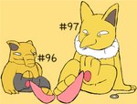 2023 2_toes 3_toes ambiguous_gender anthro digital_media_(artwork) drowzee erection feet foot_fetish foot_play footjob generation_1_pokemon genitals hashtag hi_res hypno_(pokemon) id_number male male/ambiguous nintendo number pawpads paws penis pokemon pokemon_(species) secretsableye sex simple_background smile tapering_penis text toes two-footed_footjob
