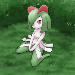 anthro female grass looking_at_viewer plant sitting sitting_on_ground solo kumachi nintendo pokemon generation_3_pokemon humanoid kirlia pokemon_(species) 1:1 absurd_res hi_res