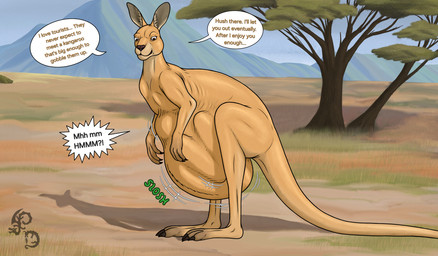 ambiguous_gender belly big_belly black_claws brown_eyes brown_nose claws dialogue duo feral feral_pred human_prey rumbling_stomach savanna speech_bubble tail talking_feral tan_arms tan_belly tan_body tan_ears tan_head tan_legs tan_tail text vore dragonczech human kangaroo macropod mammal marsupial 2025 english_text hi_res watermark