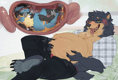 anthro anthro_pred anthro_prey belly big_belly black_bottomwear black_clothing black_hair black_pants blue_body blue_fur bodily_fluids bottomwear claws clothed clothing dreadlocks drooling duo ear_piercing ear_ring fur grey_body grey_fur hair internal male male_anthro male_pred male_prey narrowed_eyes nude open_clothing open_mouth open_topwear overweight overweight_anthro overweight_male pants piercing red_eyes ring_piercing saliva short_hair stomach_acid tan_body tan_fur toe_claws tongue tongue_out topwear vore white_claws yellow_eyes famir nintendo pokemon bear generation_4_pokemon lucario mammal pokemon_(species) 2025 dated hi_res signature