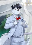 absurd_res angel_wolf_(angel_generations) anthro belt belt_buckle black_hair black_nose brown_eyes buckle building canid canine canis city city_background clothing elegant elegant_pose fluffy fur furniture hair hi_res lights male mammal mii_andrean night plant shirt solo suit table tail topwear tree vest white_belt white_body white_clothing white_fur white_inner_ear white_shirt white_suit white_tail white_topwear white_vest wolf