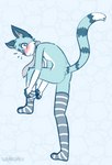 anthro blue_body blue_eyes blue_fur blush butt clothing embarrassed female fur hair leggings legwear looking_at_viewer multicolored_body multicolored_fur nude pattern_clothing pattern_legwear putting_on_socks raised_tail scarf simple_background solo stockings striped_clothing striped_legwear stripes tail thigh_highs white_body white_fur solarlewds felinia rainy_(felinia) domestic_cat felid feline felis mammal digital_media_(artwork) hi_res