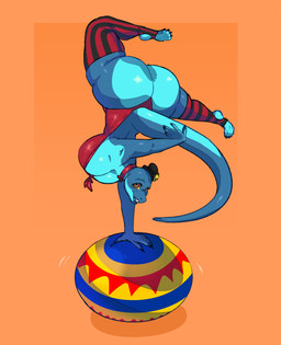 4_toes 5_fingers ambiguous_gender anthro balancing barefoot big_breasts big_butt blue_body breasts butt circus cleavage clothed clothing feet female fingers freckled_face freckled_shoulders freckles glistening glistening_body handstand hat headgear headwear huge_butt legwear lightened_soles lips orange_eyes orange_sclera red_eyes soles solo stirrup_legwear tail thick_bottom_lip toes upside_down boxgoat taystie_park salisha amphibian salamander absurd_res hi_res