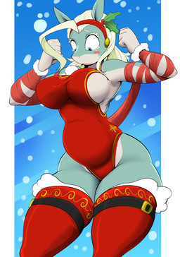 anthro big_breasts blue_body blue_eyes breasts christmas_clothing clothed clothing curvy_figure female hair holidays long_hair multicolored_body slightly_chubby solo standing thick_thighs two_tone_body voluptuous wide_hips vale-city christmas my_hero_academia ippan_josei 2026 absurd_res hi_res portrait three-quarter_portrait