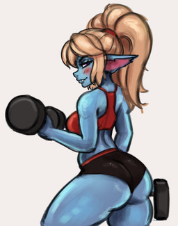 blonde_hair blush bra breasts butt butt_pose clothed clothing dumbbell exercise female hair midriff not_furry pose solo underwear weightlifting weights workout zelles league_of_legends riot_games tencent poppy_(lol) yordle hi_res