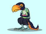 anthro beak bottomwear breakfast clothed clothed_anthro clothing digitigrade glaring grumpy looking_at_viewer male oversized_bottomwear oversized_clothing oversized_shorts shorts simple_background slouching solo standing tie-dye tired tucakeane avian hybrid terrorbird 4:3