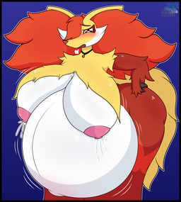 anthro areola belly bent_over big_belly big_breasts big_butt black_border blush bodily_fluids border breasts butt collar female female_anthro fur hand_on_butt huge_belly huge_breasts hyper hyper_belly hyper_pregnancy inner_ear_fluff lactating markings mega_stone multicolored_body multicolored_fur nipples open_mouth pink_areola pink_nipples pregnant pregnant_anthro pregnant_female red_body red_fur simple_background solo thick_thighs tuft white_body white_fur wide_hips yellow_body yellow_fur blazkenzxy nintendo pokemon delphox generation_6_pokemon pokemon_(species) absurd_res hi_res