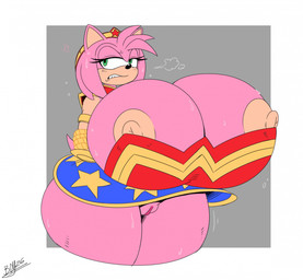 annoyed anthro areola areola_outline arms_tied bdsm big_areola big_breasts big_butt blush blush_lines bodily_fluids bondage bound breast_overflow breasts breath butt clothed clothing cosplay crossover_cosplay crown dress female genitals headgear huge_breasts hyper hyper_breasts looking_aside narrowed_eyes no_underwear restraints rope rope_bondage solo sweat sweatdrop thick_thighs tiara vulva cricket-inc dc_comics sega sonic_the_hedgehog_(series) amy_rose wonder_woman eulipotyphlan hedgehog mammal crossover hi_res