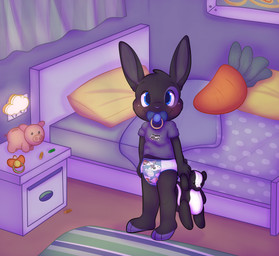 anthro bed black_body black_fur blue_eyes carrot clean_diaper clothed clothing diaper food fur furniture inside looking_at_viewer male object_in_mouth pacifier pacifier_in_mouth pillow plant plushie shirt solo standing topwear vegetable wearing_diaper young young_anthro zombineko lagomorph leporid mammal mephitid rabbit skunk 2017