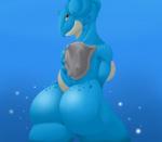 2018 anthro big_breasts blue_body breasts butt countershading female generation_1_pokemon hamili horn lapras looking_at_viewer marine nintendo nipples non-mammal_breasts nude pokemon pokemon_(species) pokemorph pose shell simple_background smile solo spots wide_hips yellow_eyes