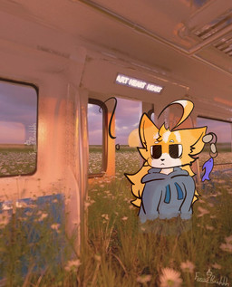 anthro blue_clothing breasts clothed clothing confusion dreamcore female fluffy fur hair long_hair looking_at_another multicolored_body multicolored_fur orange_body orange_fur piercing sitting solo tired_eyes foxiusrahhh tangerine aquatic domestic_cat felid feline felis fish mammal digital_media_(artwork) warm_colors