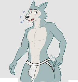 anthro biped bulge clothed clothing detailed_bulge embarrassed embarrassing_nudity jockstrap jockstrap_only male male_anthro solo topless topless_male underwear underwear_only bztian beastars legoshi_(beastars) canid canine canis mammal wolf