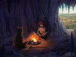 anthro campfire cave duo female field field_background fire forest forest_background fungus male mushroom nature nature_background plant staff tree tera_art bethesda_game_studios microsoft morrowind the_elder_scrolls chechil sham_idi dark_elf dunmer elf felid humanoid khajiit mammal vampire 4:3 absurd_res hi_res