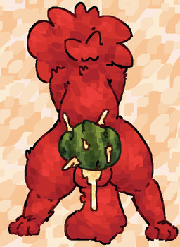 1_eye :3 anthro balls bodily_fluids cum cum_in_food cum_inside fluffy fluffy_tail food food_fetish fruit genital_fluids genitals hands_behind_back happy jelly_(food) leaking_cum male melon one_eye_closed paws plant presenting red_body simple_background smile solo tail watermelon scaliescum wilt_(nakeilyar) food_creature hi_res