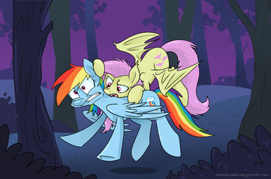 bite blood blue_body blue_feathers blue_fur bodily_fluids cutie_mark detailed_background duo fangs feathered_wings feathers female feral flying forest fur hair membrane_(anatomy) membranous_wings multicolored_hair multicolored_tail night outside plant purple_eyes rainbow_hair rainbow_tail red_eyes scared shrub sky tail teeth tree wings sophiecabra friendship_is_magic hasbro my_little_pony mythology flutterbat_(mlp) fluttershy_(mlp) rainbow_dash_(mlp) bat_pony equid equine hybrid mammal mythological_creature mythological_equine pegasus vampire 2013