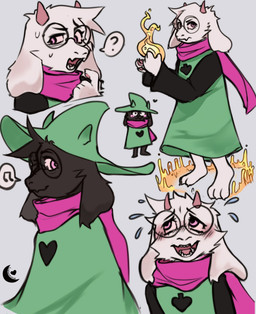 3_toes anthro barefoot black_body black_fur blush claws clothing eyewear feet fire fur glasses hat headgear headwear heart_symbol male multiple_poses paws plantigrade pose robe round_glasses scarf simple_background solo standing toes white_background witch_hat lunarkyoz deltarune undertale_(series) ralsei bovid caprine darkner goat mammal 2022 hi_res