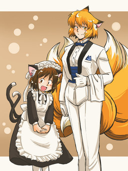 2_tails :d apron black_clothing black_dress black_tie_(suit) blue_bow_tie bottomwear bow_tie brown_eyes brown_hair butler clothing crossdressing_female dipstick_tail dress duo ear_piercing ear_ring female formal_wear frilly frilly_apron frilly_clothing gloves hair handwear jacket looking_at_viewer maid_headdress maid_uniform markings multi_tail open_mouth open_smile orange_hair orange_tail pants piercing ring_piercing short_hair smile standing suit tail tail_markings topwear uniform white_apron white_bottomwear white_clothing white_gloves white_handwear white_jacket white_pants white_suit white_topwear yellow_eyes azuki_osamitsu asian_mythology east_asian_mythology japanese_mythology mythology touhou chen_(touhou) ran_yakumo animal_humanoid canid canid_humanoid canine canine_humanoid cat_humanoid felid felid_humanoid feline feline_humanoid fox_humanoid humanoid mammal mammal_humanoid nekomata yokai 2009 3:4 portrait three-quarter_portrait