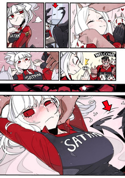 afterimage apron blush bodily_fluids clothed clothing cutlery emanata female fork group heart_symbol kitchen_utensils male motion_blur motion_lines petting red_eyes sweat sweatdrop tail tail_motion tailwag text text_on_apron text_on_clothing tools tsundere idkuroi helltaker cerberus_(helltaker) lucifer_(helltaker) protagonist_(helltaker) animal_humanoid demon humanoid english_text hi_res