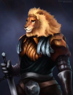 anthro armor blonde_mane brown_eyes clothed clothing fur glistening glistening_eyes holding_melee_weapon holding_object holding_sword holding_weapon male male_anthro mane melee_weapon mouth_closed orange_body orange_fur solo standing sword text weapon whiskers satanic_monkey felid lion mammal pantherine artist_name hi_res