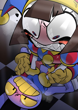 angry anthro blush bodily_fluids clothed clothing duo female fight gloves grey_body hair handwear hat headgear headwear jester male overalls purple_body sharp_teeth short_hair steam strangling sweat teeth monodie glitch_productions the_amazing_digital_circus jax_(tadc) pomni_(tadc) humanoid lagomorph leporid mammal rabbit absurd_res hi_res