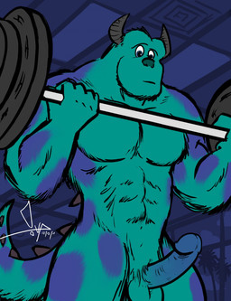 abs anthro balls barbell biceps big_balls big_muscles big_penis biped blue_body blue_eyes blue_fur blue_penis erection exercise fur genitals gym holding_object horn humanoid_genitalia humanoid_penis male markings muscular muscular_anthro muscular_male nude pecs penis pose presenting purple_body purple_fur solo standing weightlifting weights workout bgn disney monsters_inc pixar sulley monster 2011 digital_media_(artwork) hi_res