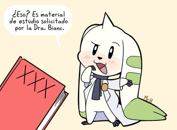 accessory anthro beady_eyes blush clothed clothing coat dialogue female fur horn lab_coat long_ears looking_at_viewer magazine male necktie porn_magazine pornography smile solo text topwear white_body white_fur mr_harinezumi bandai_namco digimon digimon_(species) mammal terriermon terriermon_assistant hi_res spanish_text