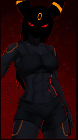 abs anthro big_breasts bottomwear breasts clothing crop_top female hair heart_symbol long_hair muscular muscular_arms muscular_female red_background red_eyes shirt shorts simple_background solo thick_thighs topwear redch09_an nintendo pokemon eeveelution generation_2_pokemon pokemon_(species) umbreon absurd_res hi_res