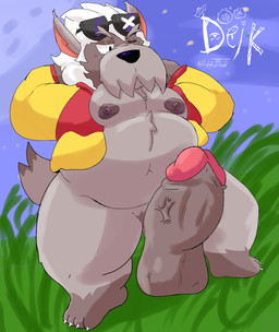 anthro belly big_belly big_penis blue_sky bottomless clothed clothing dark_nipples erection eyewear eyewear_on_head front_view fur genitals grass green_grass grey_body grey_fur huge_penis jacket jacket_only male nipples nude open_clothing open_jacket open_topwear outside overweight partially_clothed penis plant red_clothing sky standing sunglasses sunglasses_on_head tail thick_thighs topwear topwear_only vein veiny_penis wearing_sunglasses yellow_clothing ugly-rat15508 brawl_stars supercell_(company) ruffs_(brawl_stars) supercell canid canine canis domestic_dog mammal digital_media_(artwork) hi_res signature