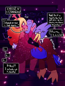 3_toes 4_fingers anthro antlers arms_bent barefoot beak black_eyes black_necktie blonde_hair blue_tail blush blush_lines bow_ribbon brown_antlers brown_body brown_clothing brown_fur brown_suit brown_tail buckteeth clothed clothed_anthro clothed_male clothing cloven_hooves cross-popping_vein dancing dialogue dress duo eye_contact eyebrow_through_hair eyebrows eyelashes eyewear feather_hands feathers feet female female_anthro fingers floor fully_clothed fully_clothed_anthro fully_clothed_male fur glasses hair hand_holding hooves horn inner_ear_fluff inside larger_anthro larger_female light long_hair looking_at_another male male/female male_anthro motion_lines name_drop name_in_dialogue necktie nervous nervous_smile number open_beak open_mouth open_smile purple_wall red_bow red_clothing red_dress red_mouth red_nose ribbons size_difference smaller_anthro smaller_male smile smiling_at_another standing star_(shape) suit tail tail_feathers tail_motion tailwag talking_to_another talons teeth text thin_eyebrows toes translucent translucent_hair tuft two_tone_tail wall_(structure) white_dress_shirt white_inner_ear_fluff white_tail wood wood_floor yelling yellow_beak flamigoat deltarune undertale_(series) berdly noelle_holiday avian bird deer mammal new_world_deer reindeer 2025 artist_name colored digital_drawing_(artwork) digital_media_(artwork) english_description english_text hi_res lighting shaded