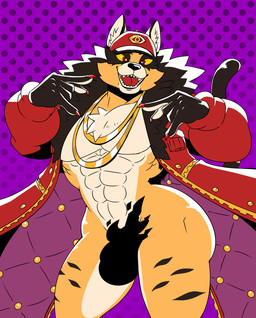 abs anthro baseball_cap big_bulge big_butt bulge butt chest_tuft claws clothed clothing fangs fire fur gold_(metal) gold_jewelry gold_necklace hat headgear headwear jewelry long_coat male markings mostly_nude_anthro mostly_nude_male muscular muscular_anthro muscular_femboy muscular_male necklace nipples pecs pose red_claws red_eyes skimpy smile smiling_at_viewer solo spots spotted_body spotted_fur teeth thick_thighs tuft wide_hipped_anthro wide_hipped_male wide_hips yellow_sclera reagan700 kings_of_hell ose_(kings_of_hell) demon felid leopard mammal pantherine 2026 hi_res portrait three-quarter_portrait