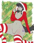 anthro biped bottomless choker clothed clothing female genitals half-closed_eyes holidays jewelry legwear looking_at_viewer narrowed_eyes necklace pussy sitting smile smirk solo text thick_thighs thigh_highs chango-tan christmas friendship_is_magic hasbro my_little_pony octavia_(mlp) 4:5 absurd_res hi_res