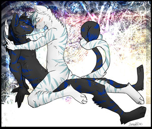 4_toes 5_fingers abstract_background anal anthro arm_support black_body black_border black_fur blue_body blue_fur blush border duo eye_contact feet fingers fur hair half-closed_eyes looking_at_another male male/male muscular narrowed_eyes nude side_view sitting smile straddling stripes tail toes white_body white_fur anniepopokios canid canine canis domestic_dog mammal wolf signature